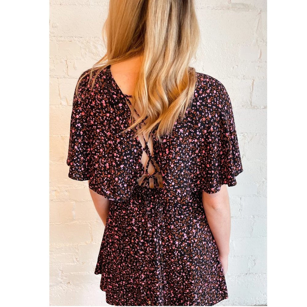 NEW Free People Florence Mini Dress Floral Lace Up Smocked Evening Combo Black - Picture 10 of 12